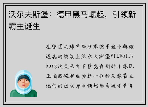 沃尔夫斯堡：德甲黑马崛起，引领新霸主诞生