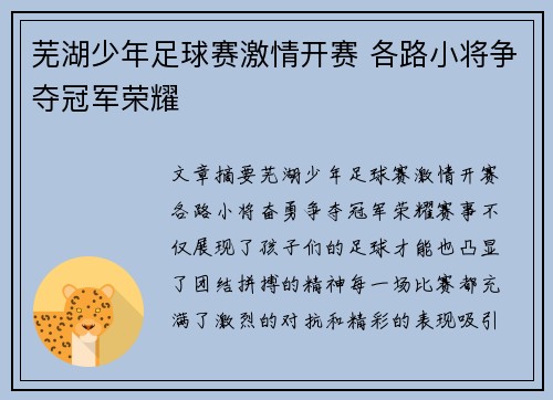 芜湖少年足球赛激情开赛 各路小将争夺冠军荣耀