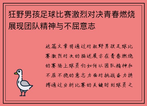 狂野男孩足球比赛激烈对决青春燃烧展现团队精神与不屈意志
