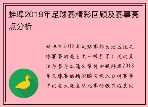 蚌埠2018年足球赛精彩回顾及赛事亮点分析