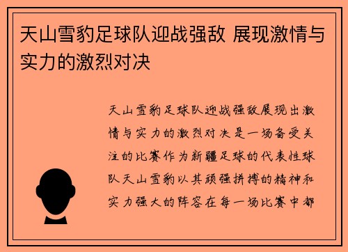 天山雪豹足球队迎战强敌 展现激情与实力的激烈对决