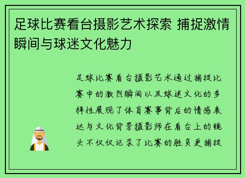 足球比赛看台摄影艺术探索 捕捉激情瞬间与球迷文化魅力