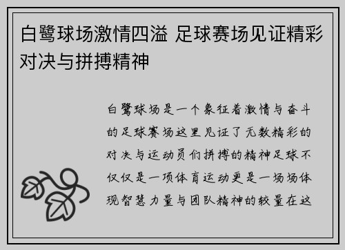 白鹭球场激情四溢 足球赛场见证精彩对决与拼搏精神