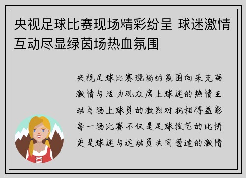 央视足球比赛现场精彩纷呈 球迷激情互动尽显绿茵场热血氛围