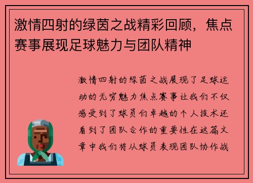 激情四射的绿茵之战精彩回顾，焦点赛事展现足球魅力与团队精神