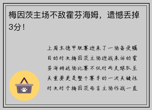 梅因茨主场不敌霍芬海姆，遗憾丢掉3分！