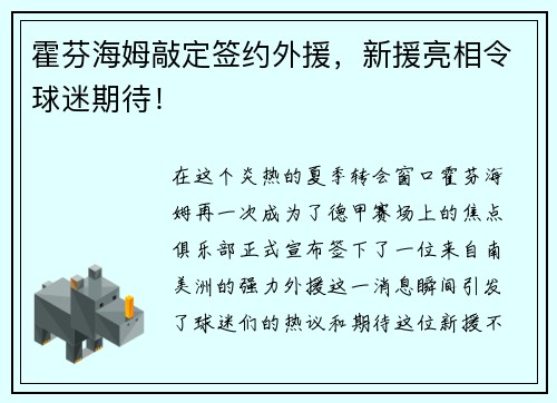 霍芬海姆敲定签约外援，新援亮相令球迷期待！