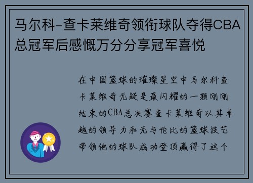马尔科-查卡莱维奇领衔球队夺得CBA总冠军后感慨万分分享冠军喜悦