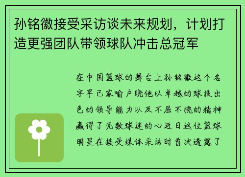 孙铭徽接受采访谈未来规划，计划打造更强团队带领球队冲击总冠军