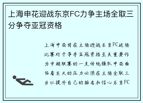 上海申花迎战东京FC力争主场全取三分争夺亚冠资格