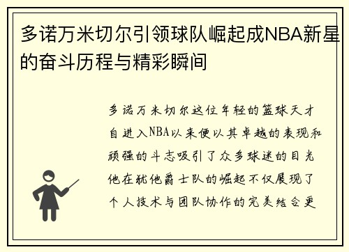 多诺万米切尔引领球队崛起成NBA新星的奋斗历程与精彩瞬间