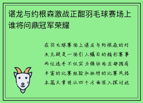 谌龙与约根森激战正酣羽毛球赛场上谁将问鼎冠军荣耀