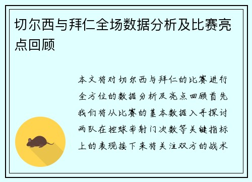 切尔西与拜仁全场数据分析及比赛亮点回顾
