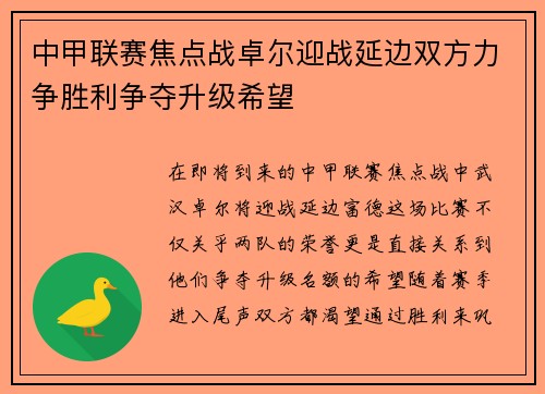 中甲联赛焦点战卓尔迎战延边双方力争胜利争夺升级希望