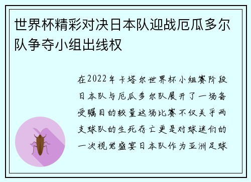 世界杯精彩对决日本队迎战厄瓜多尔队争夺小组出线权