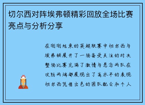 切尔西对阵埃弗顿精彩回放全场比赛亮点与分析分享