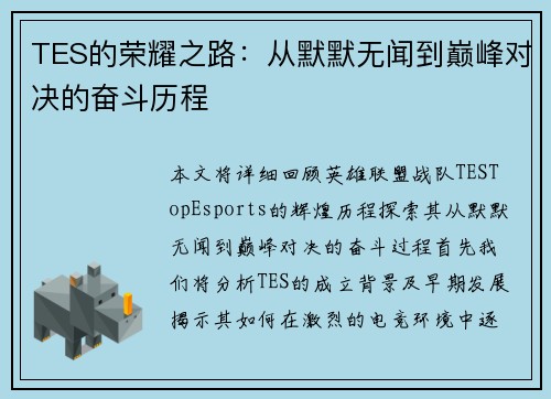 TES的荣耀之路：从默默无闻到巅峰对决的奋斗历程