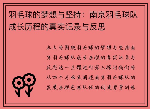 羽毛球的梦想与坚持：南京羽毛球队成长历程的真实记录与反思